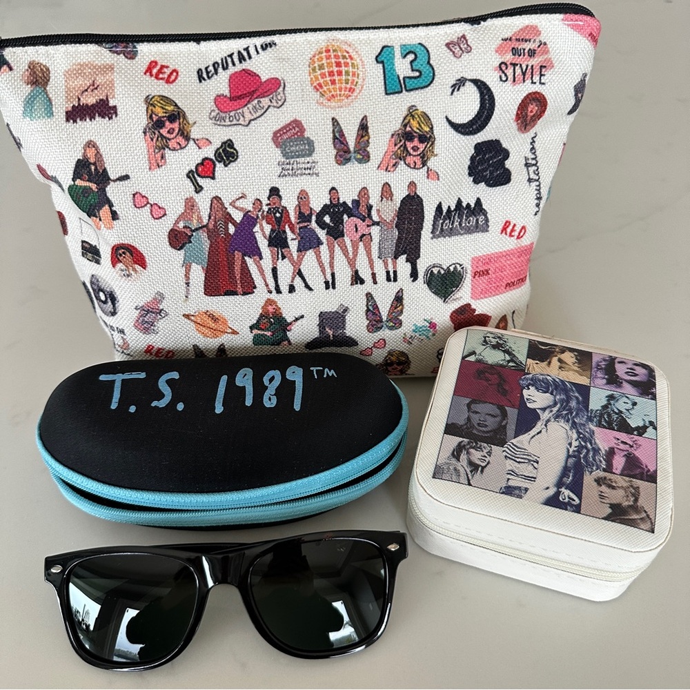 Taylor Swift 1989 Tour VIP Bundle - Sunglasses, Makeup Bag, and Jewelry Box.